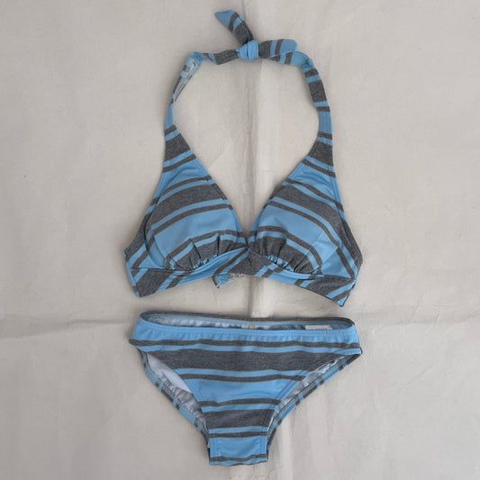 Baby Blue Grey Striped Halter Neck Bikini