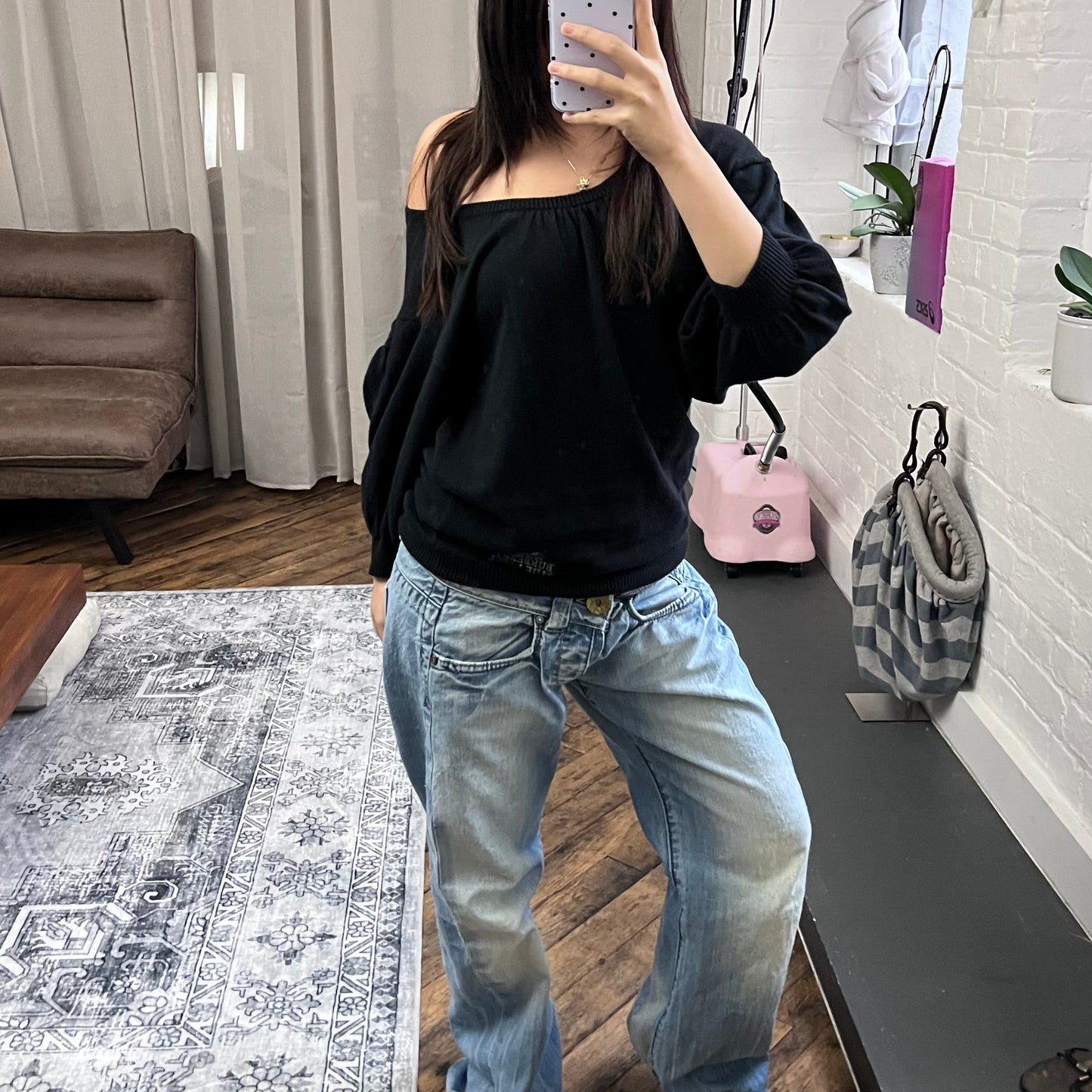 burberry blue label wide neck batwing oversized black long sleeve tunic jumper