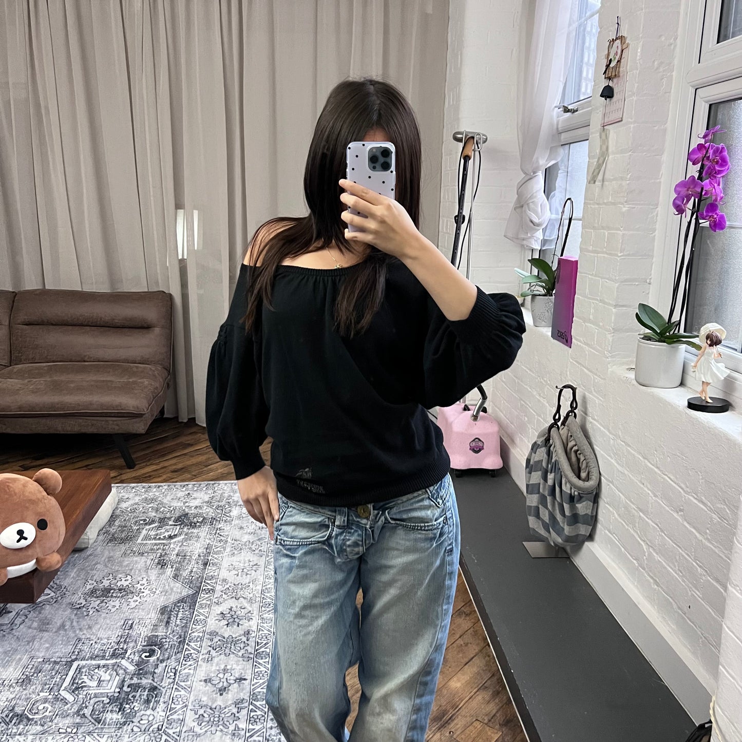 burberry blue label wide neck batwing oversized black long sleeve tunic jumper