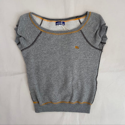 Burberry Blue Label Grey Jersey Short Sleeve Yellow Contrast Stitch Sweater