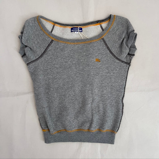Burberry Blue Label Grey Jersey Short Sleeve Yellow Contrast Stitch Sweater