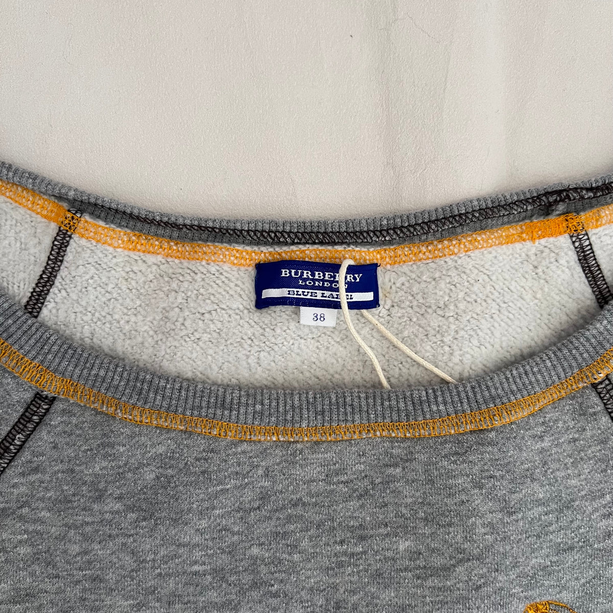 Burberry Blue Label Grey Jersey Short Sleeve Yellow Contrast Stitch Sweater