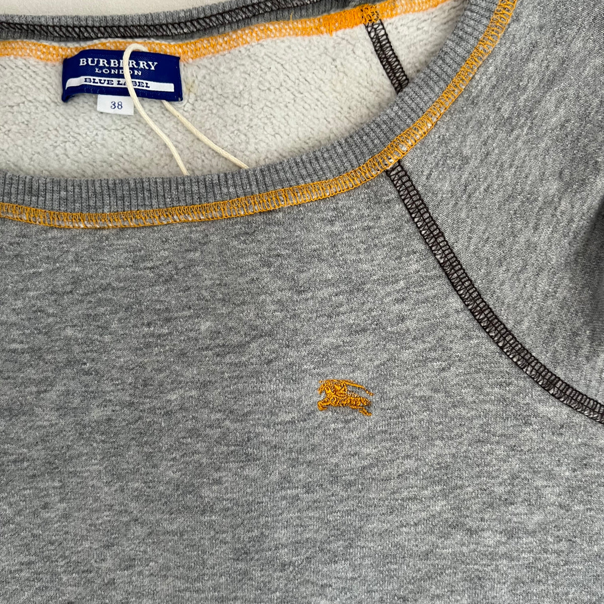 Burberry Blue Label Grey Jersey Short Sleeve Yellow Contrast Stitch Sweater
