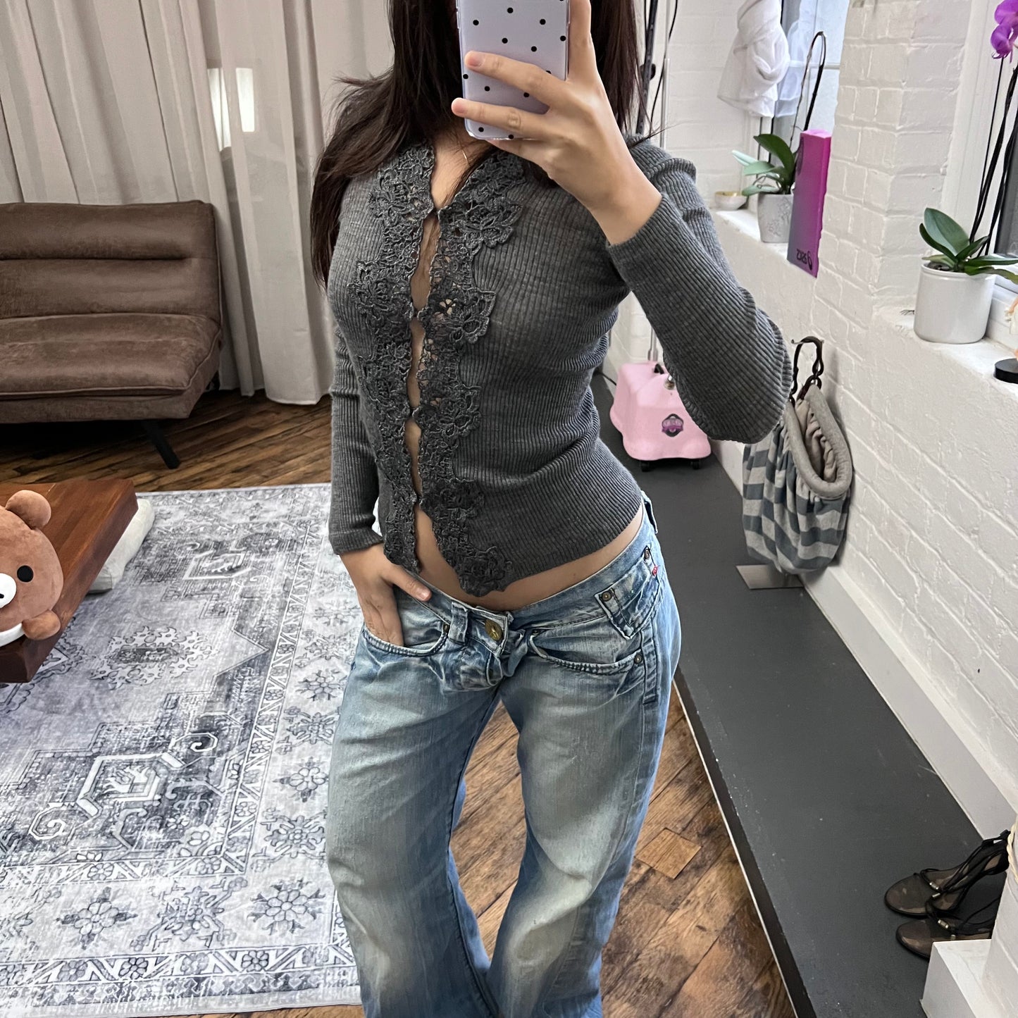 intimissimi dark grey wool lacey filligree cardigan top