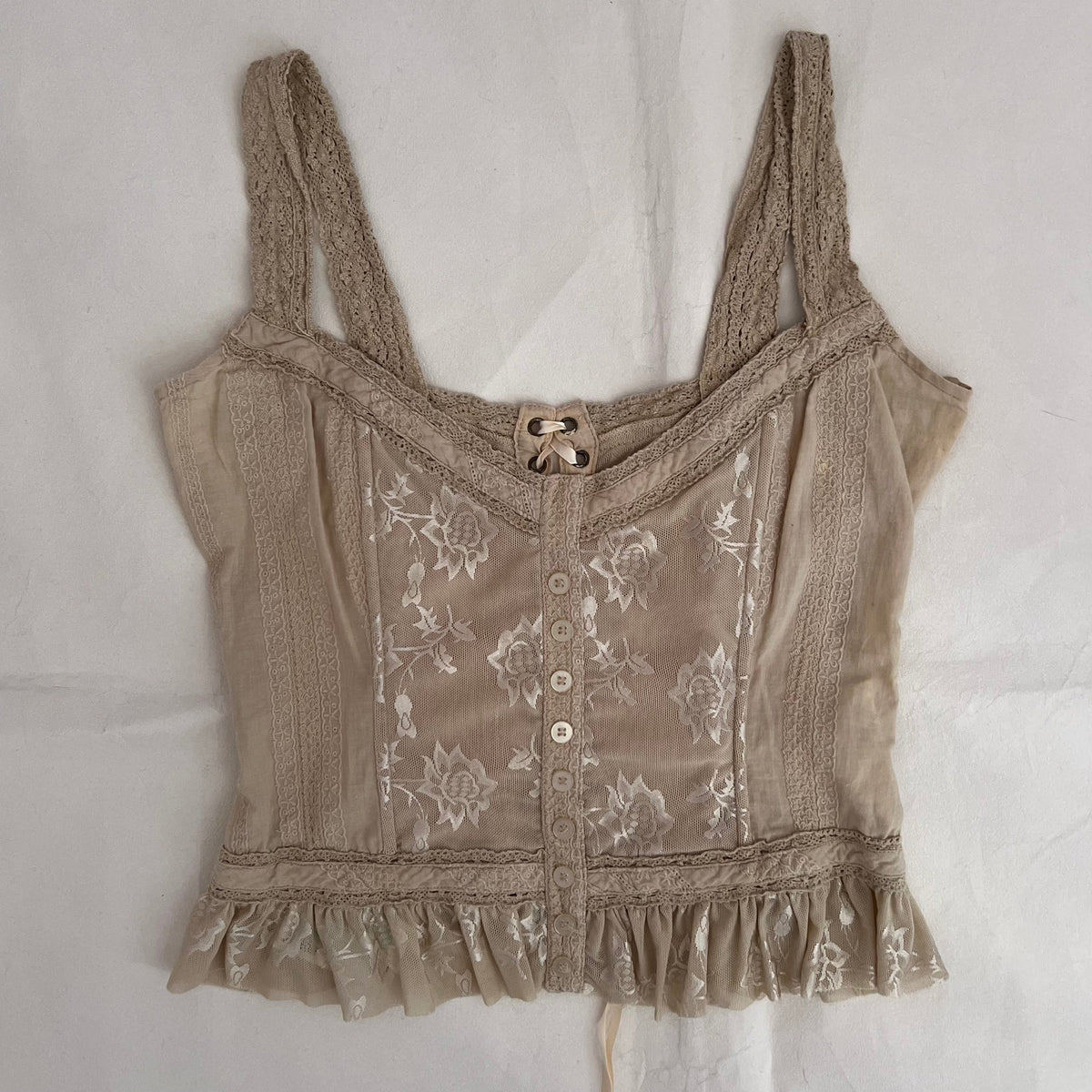 Silvian Heach Beige Embroidery Lace Romantic Ruffle Lace Up Trim Corset Top