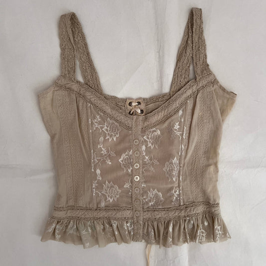 Silvian Heach Beige Embroidery Lace Romantic Ruffle Lace Up Trim Corset Top