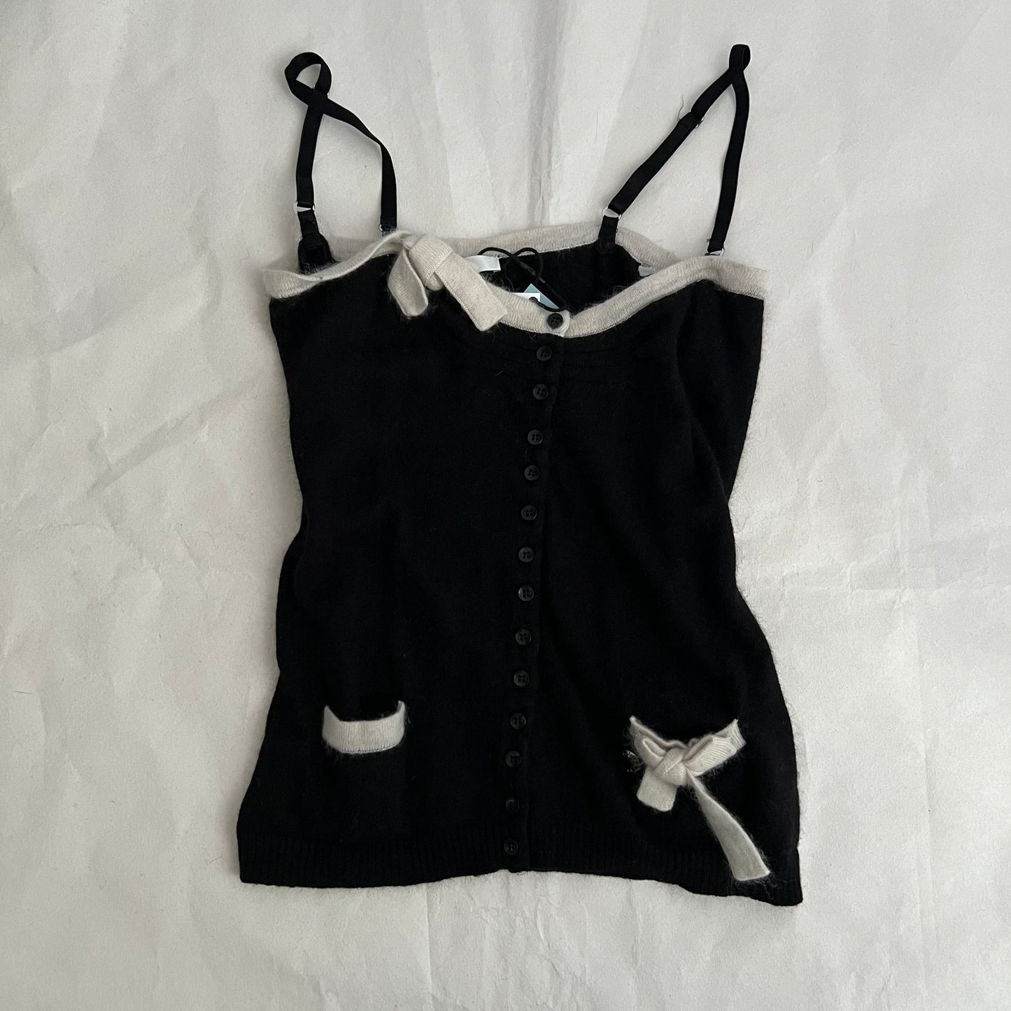 Fairly Black Wool Mohair Blend White Ribbon Pocket Knit Cami