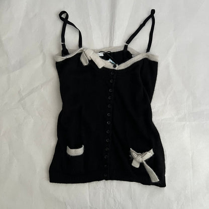 Fairly Black Wool Mohair Blend White Ribbon Pocket Knit Cami