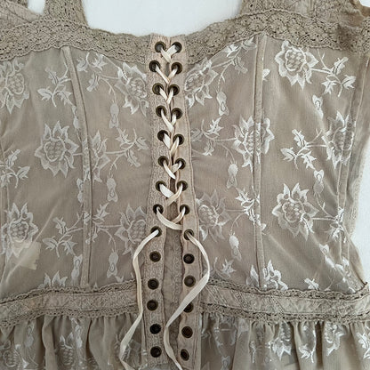 Silvian Heach Beige Embroidery Lace Romantic Ruffle Lace Up Trim Corset Top