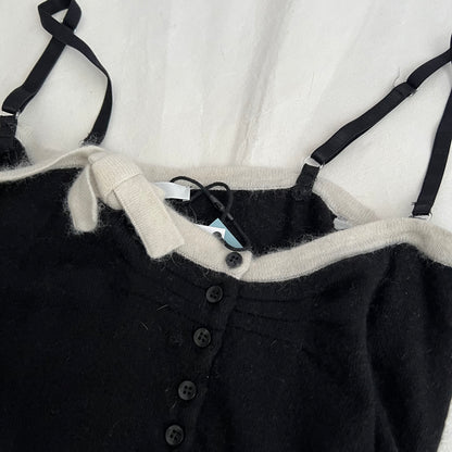 Fairly Black Wool Mohair Blend White Ribbon Pocket Knit Cami
