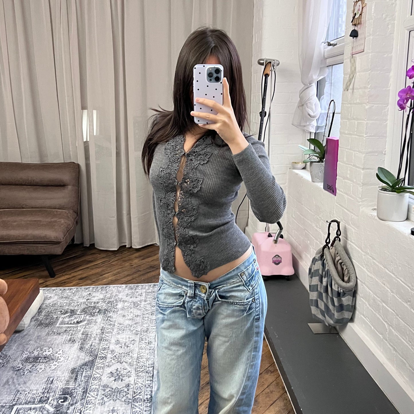 intimissimi dark grey wool lacey filligree cardigan top