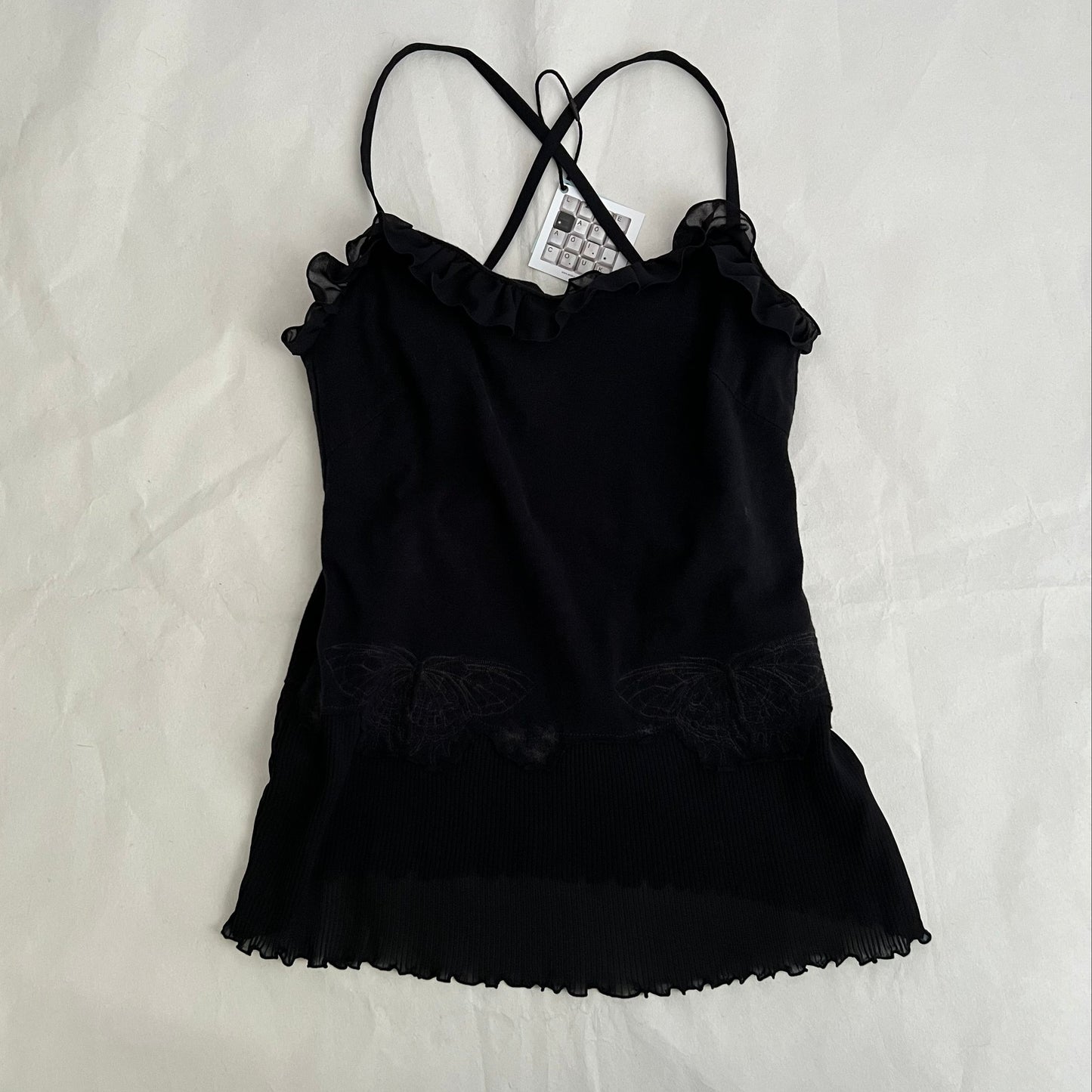 Hysteric Glamour Black Frill Pleated Butterfly Embroidery Criss Cross Long Camisole Top