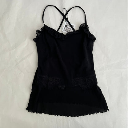 Hysteric Glamour Black Frill Pleated Butterfly Embroidery Criss Cross Long Camisole Top