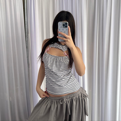 Miss Sixty White Navy Striped Open Chest Red Ribbon Vest Top