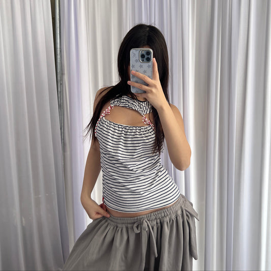 Miss Sixty White Navy Striped Open Chest Red Ribbon Vest Top