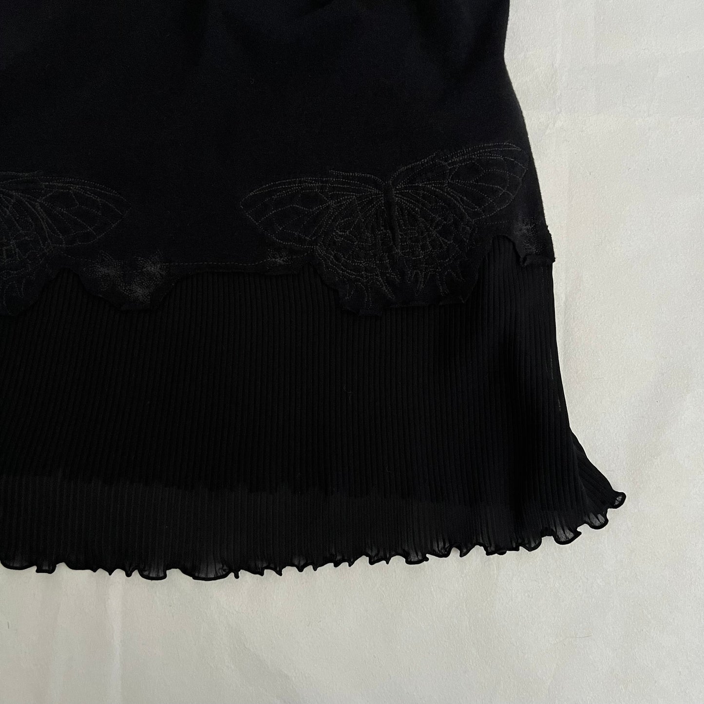 Hysteric Glamour Black Frill Pleated Butterfly Embroidery Criss Cross Long Camisole Top