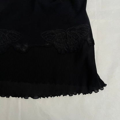 Hysteric Glamour Black Frill Pleated Butterfly Embroidery Criss Cross Long Camisole Top