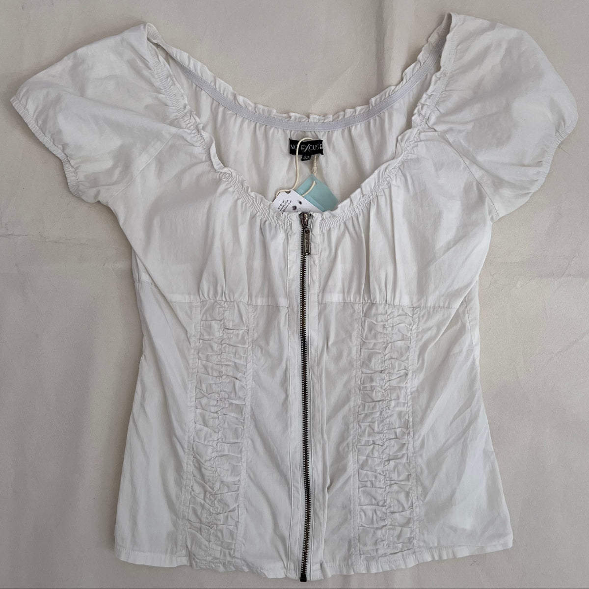 White No Excuse Ruched Cap Sleeve Zip Blouson Top