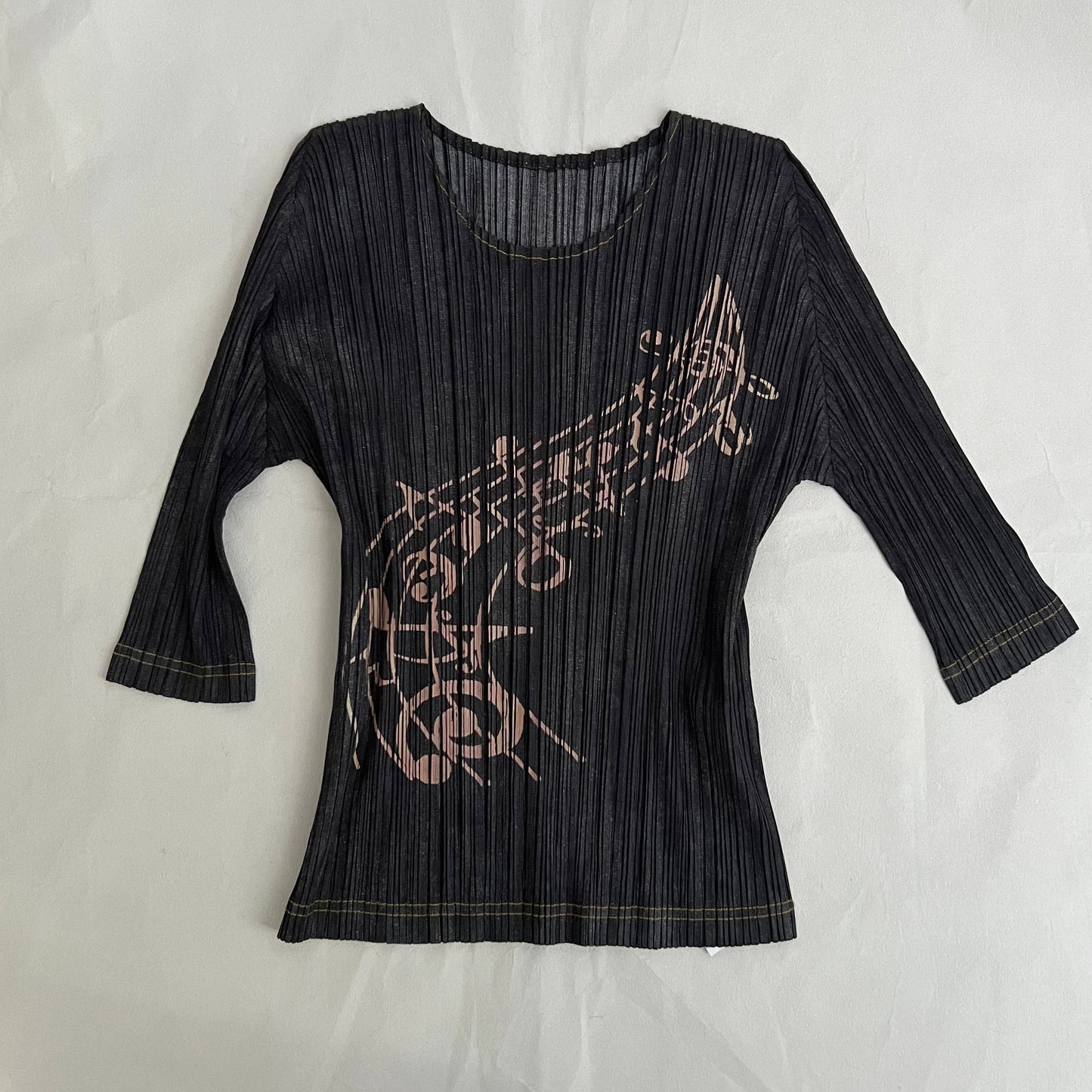 Pleats Please Issey Miyake Denim Grey Blue Pleated Music Print Half Sleeve Top