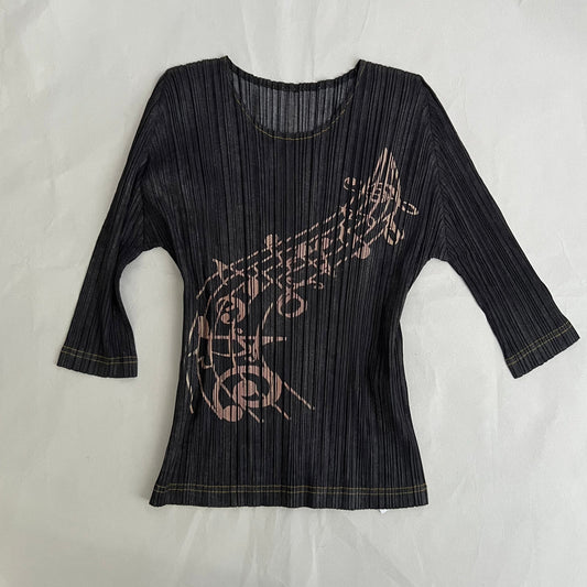 Pleats Please Issey Miyake Denim Grey Blue Pleated Music Print Half Sleeve Top