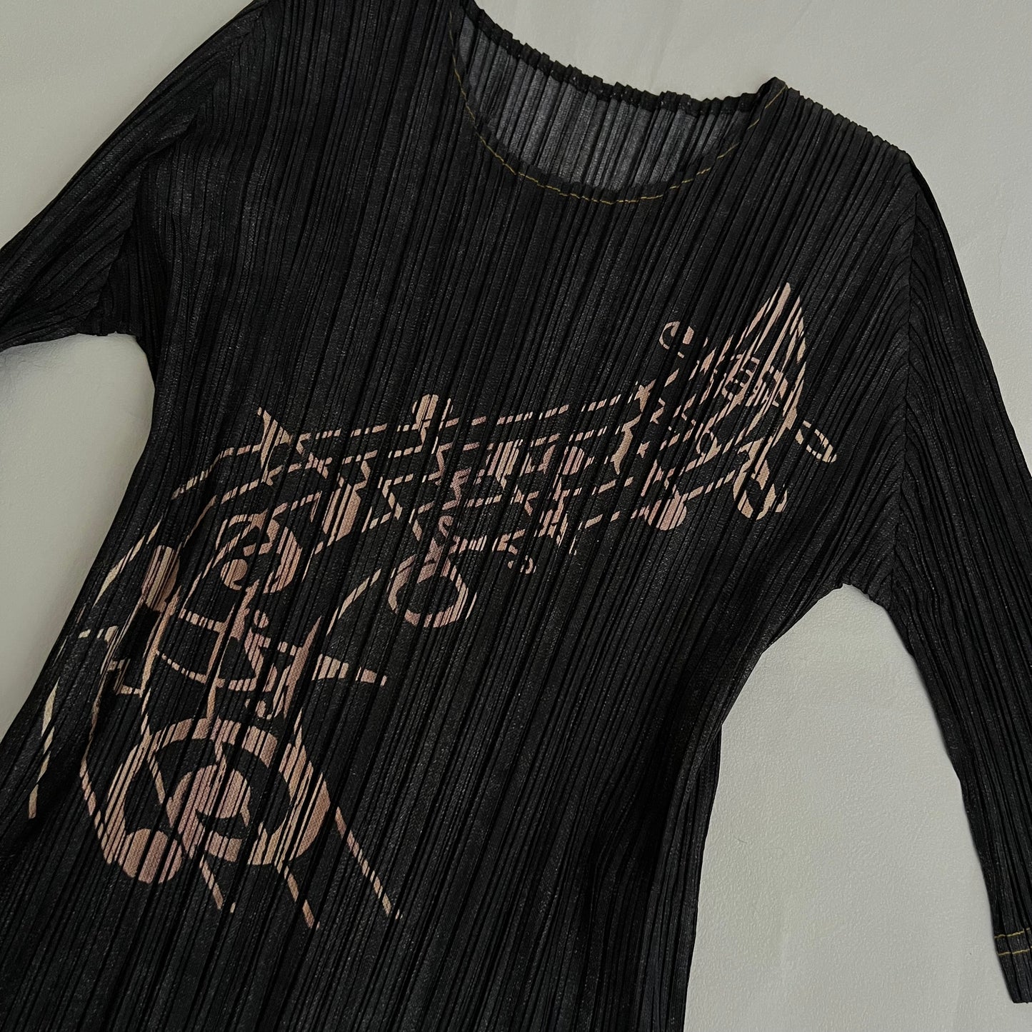 Pleats Please Issey Miyake Denim Grey Blue Pleated Music Print Half Sleeve Top
