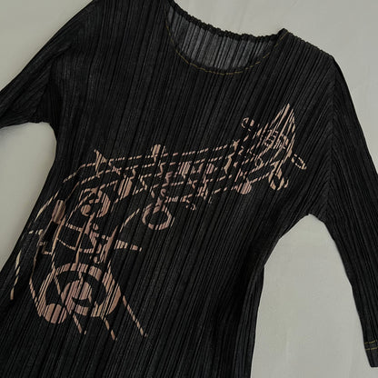 Pleats Please Issey Miyake Denim Grey Blue Pleated Music Print Half Sleeve Top