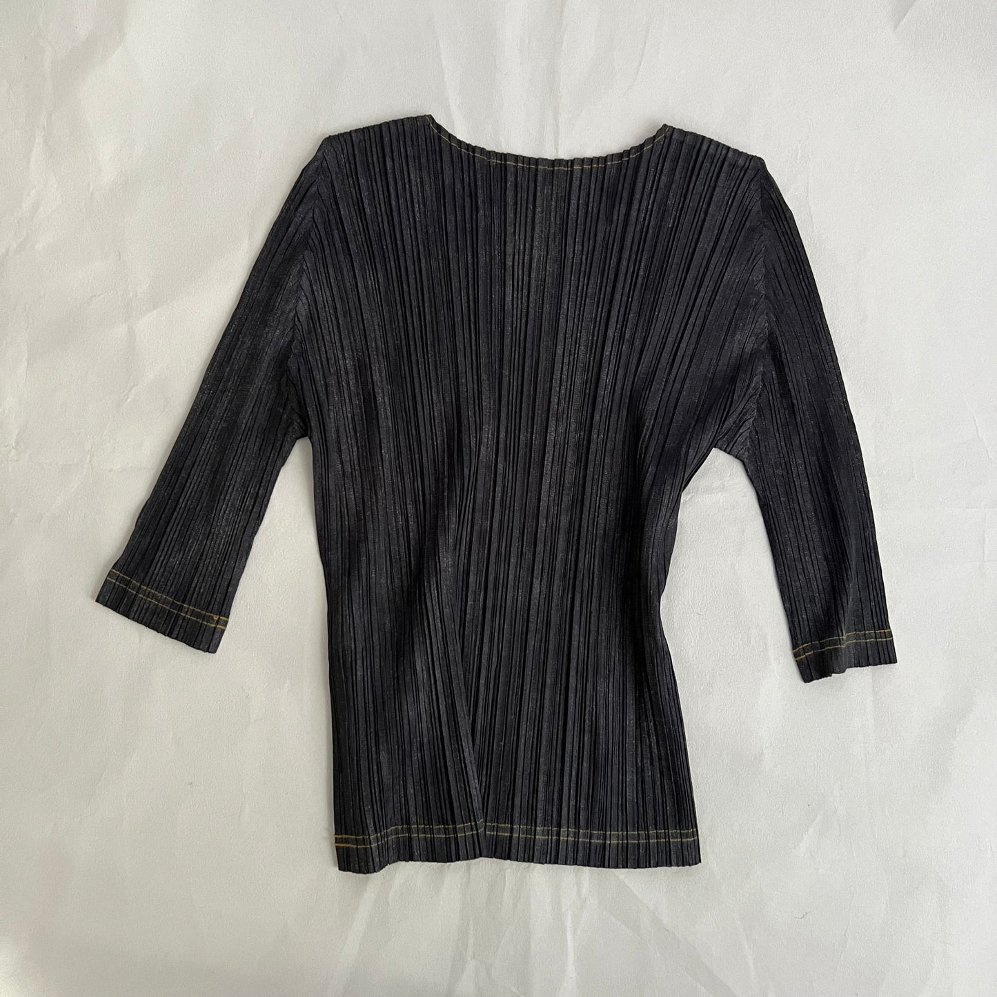Pleats Please Issey Miyake Denim Grey Blue Pleated Music Print Half Sleeve Top