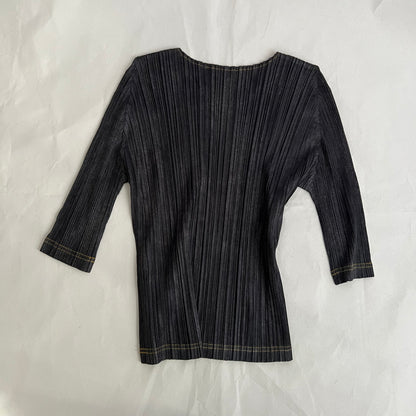 Pleats Please Issey Miyake Denim Grey Blue Pleated Music Print Half Sleeve Top