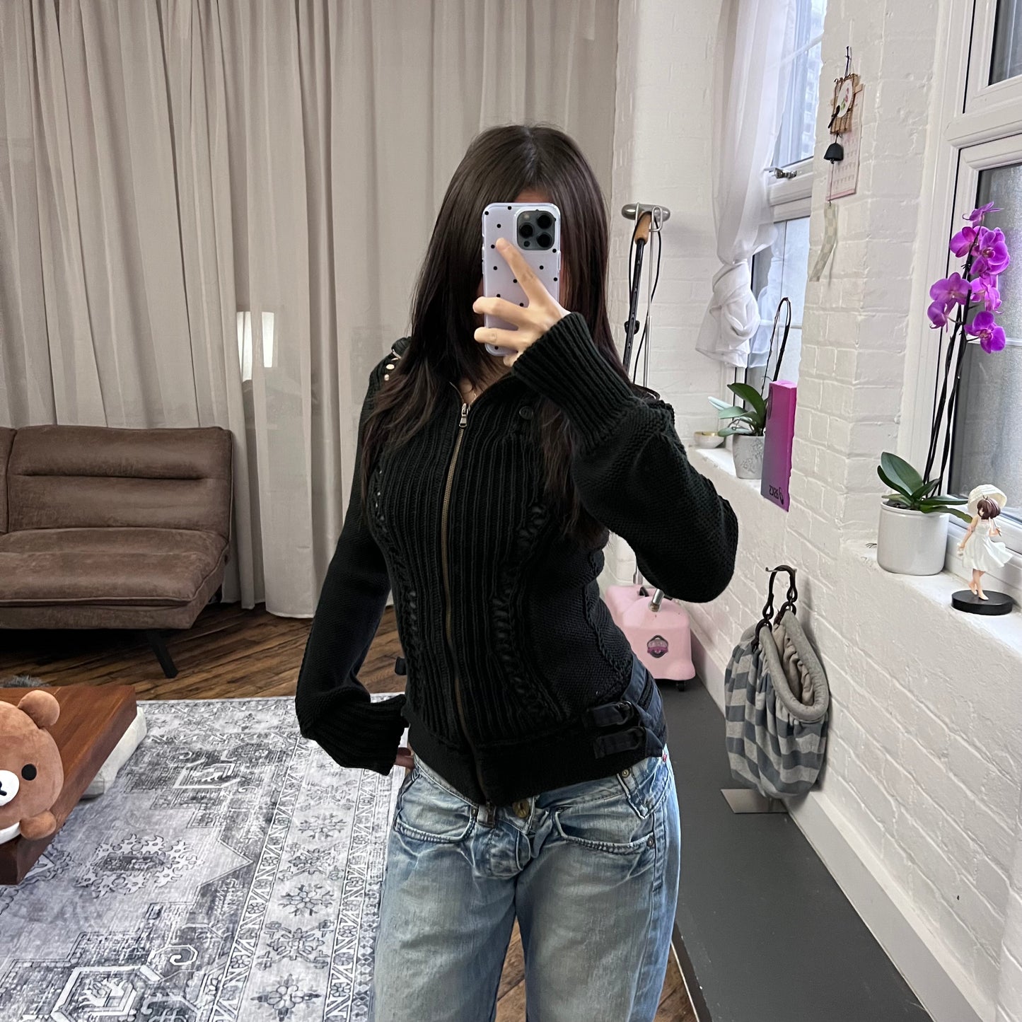 patrizia pepe black long sleeve button accent collar thick knit cardigan jacket