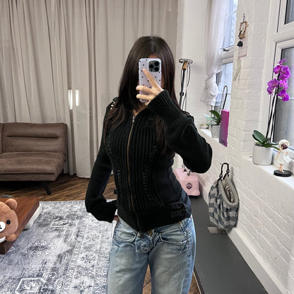 patrizia pepe black long sleeve button accent collar thick knit cardigan jacket