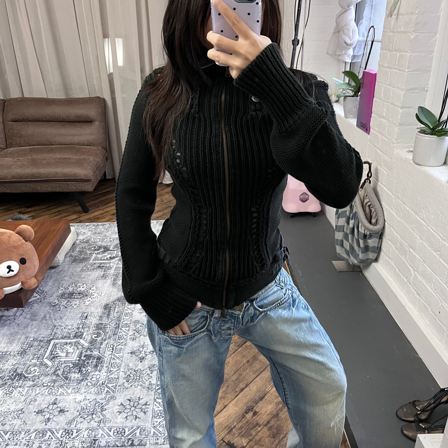 patrizia pepe black long sleeve button accent collar thick knit cardigan jacket