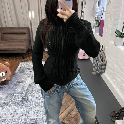 patrizia pepe black long sleeve button accent collar thick knit cardigan jacket