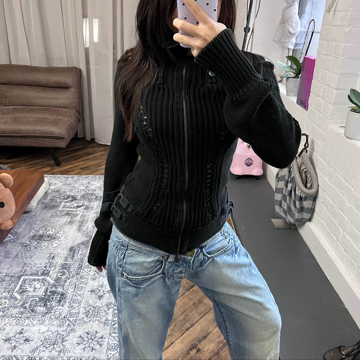 patrizia pepe black long sleeve button accent collar thick knit cardigan jacket