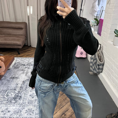 patrizia pepe black long sleeve button accent collar thick knit cardigan jacket