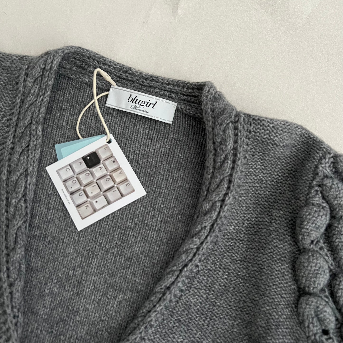 Blugirl Blumarine Grey Puff Sleeve Cable Knit Wool Blend Brown Leather Buckle Open Cardigan Top