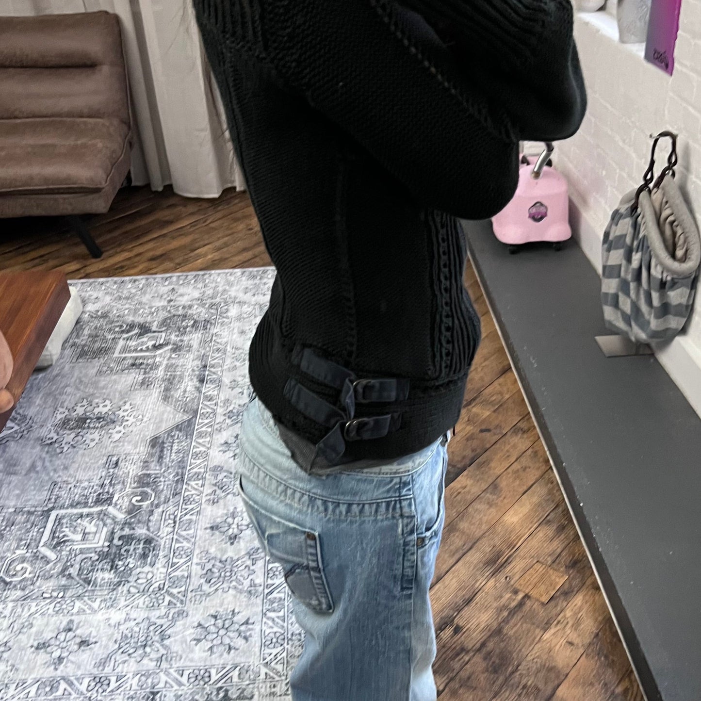 patrizia pepe black long sleeve button accent collar thick knit cardigan jacket