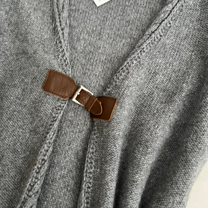 Blugirl Blumarine Grey Puff Sleeve Cable Knit Wool Blend Brown Leather Buckle Open Cardigan Top