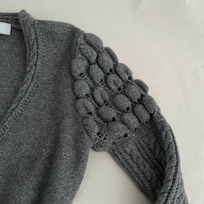 Blugirl Blumarine Grey Puff Sleeve Cable Knit Wool Blend Brown Leather Buckle Open Cardigan Top