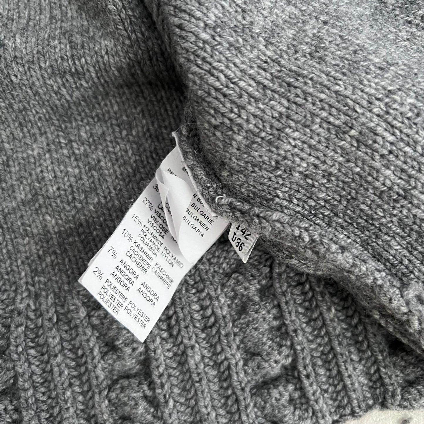 Blugirl Blumarine Grey Puff Sleeve Cable Knit Wool Blend Brown Leather Buckle Open Cardigan Top