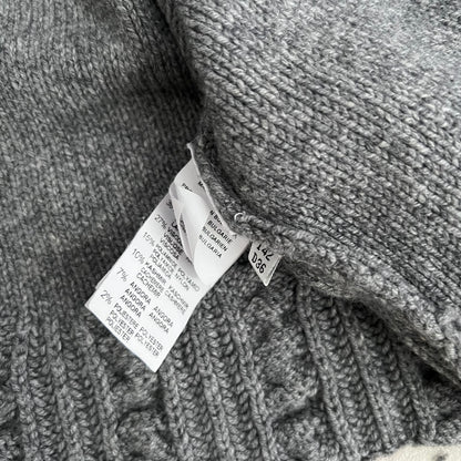Blugirl Blumarine Grey Puff Sleeve Cable Knit Wool Blend Brown Leather Buckle Open Cardigan Top