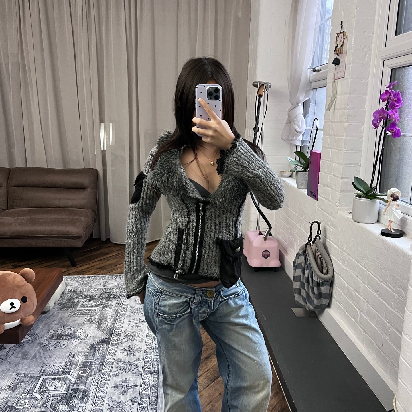 speckled grey fur trim zone bleue knit long sleeve zip cardigan jacket