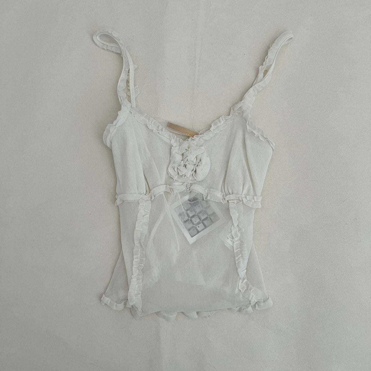 Imperial White Boho Rosette Frill Trim Sheer Camisole