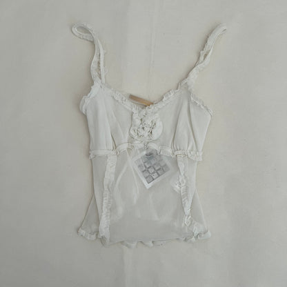 Imperial White Boho Rosette Frill Trim Sheer Camisole
