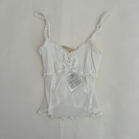 Imperial White Boho Rosette Frill Trim Sheer Camisole