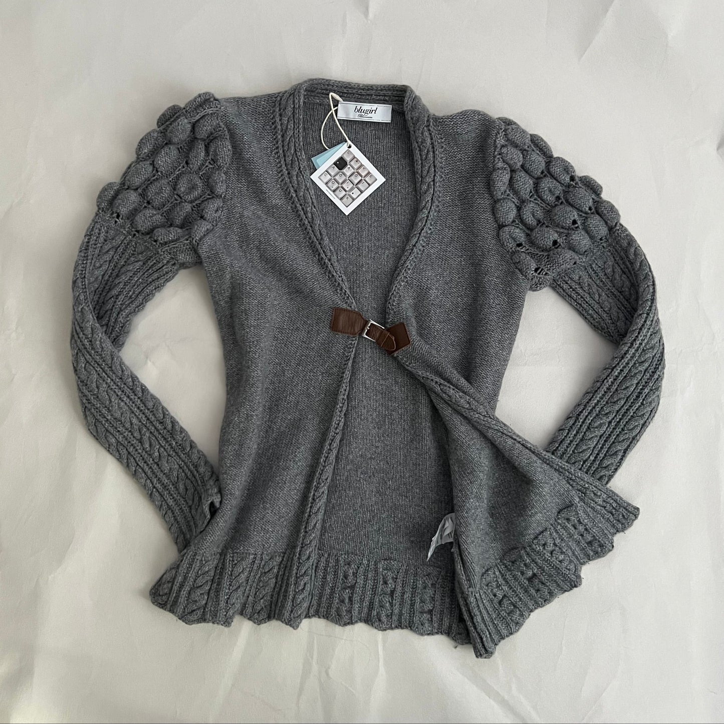Blugirl Blumarine Grey Puff Sleeve Cable Knit Wool Blend Brown Leather Buckle Open Cardigan Top