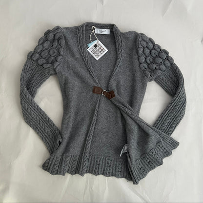 Blugirl Blumarine Grey Puff Sleeve Cable Knit Wool Blend Brown Leather Buckle Open Cardigan Top