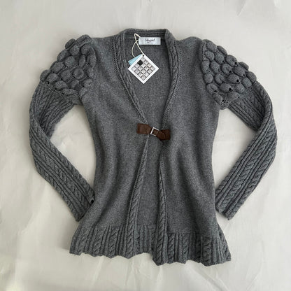 Blugirl Blumarine Grey Puff Sleeve Cable Knit Wool Blend Brown Leather Buckle Open Cardigan Top