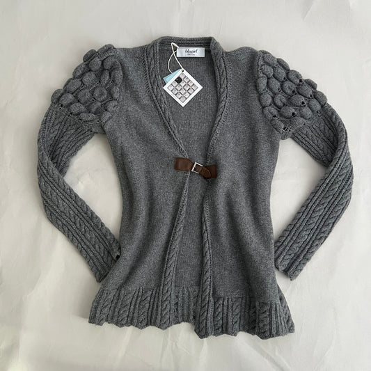 Blugirl Blumarine Grey Puff Sleeve Cable Knit Wool Blend Brown Leather Buckle Open Cardigan Top