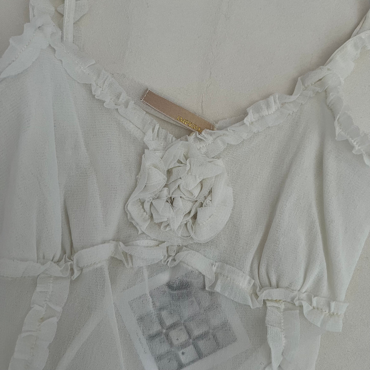Imperial White Boho Rosette Frill Trim Sheer Camisole