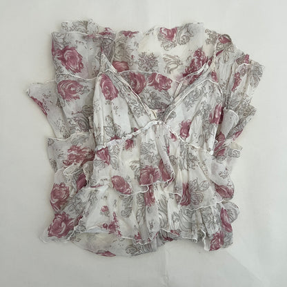 King Kong Ivory Pink Floral Eurosummer Prairie Silk Tiered Ruffle Midi Dress